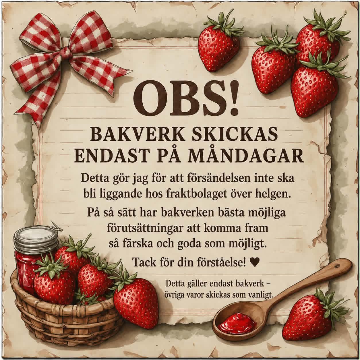 Observera: Bakverk skickas endast på måndagar för att hålla dem färska.